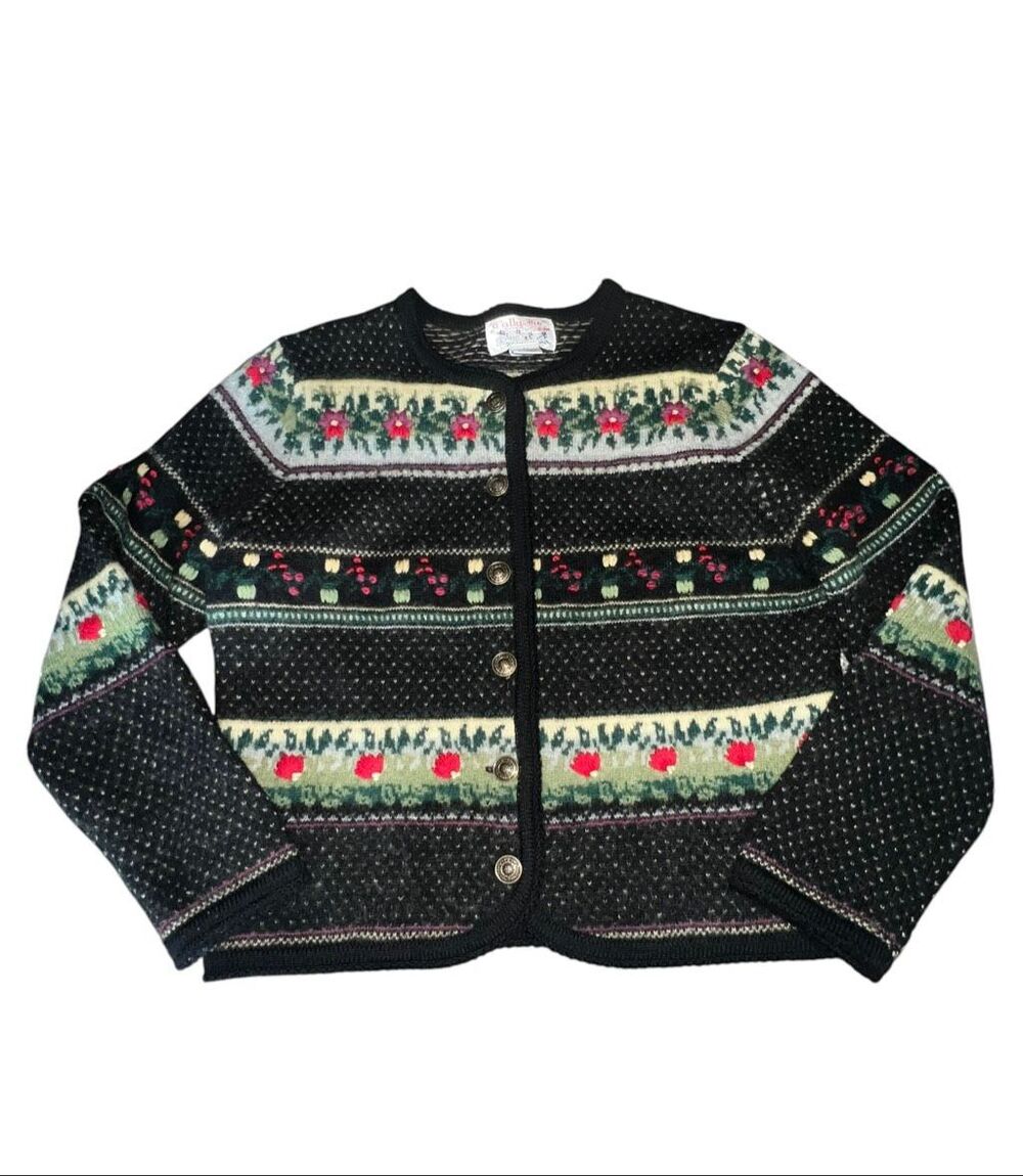 Tally Ho vintage PM Floral Black 100% Wool fair isle Cardigan Sweater Nordic